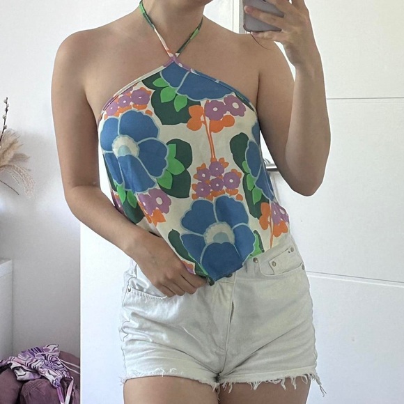 ZARA FLORAL HALTER TIE BACK CROP TOP FESTIVAL SMALL New - Picture 2 of 15
